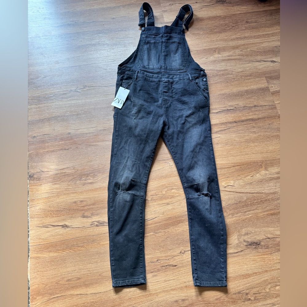 Zara Mens Skinny Fit Black Denim  Overalls Distressed Size Medium NWT $89